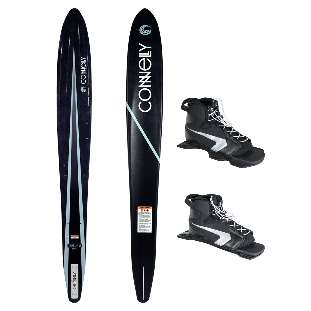 Top and bottom view of Outlaw ski in black with front and rear Shadow boots in black and gray.