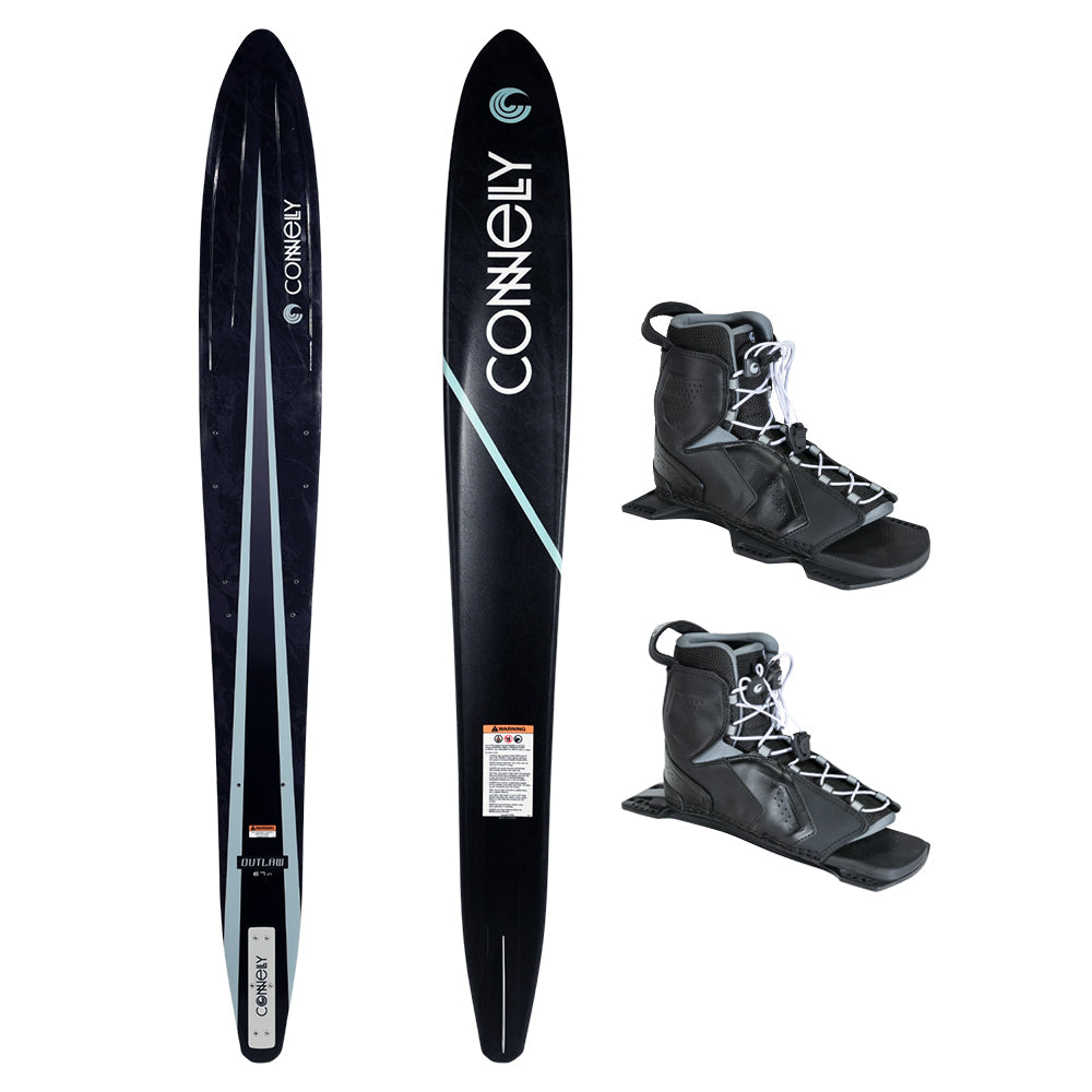 Top and bottom view of Outlaw ski in black with front and rear Tempest boots in black and gray.