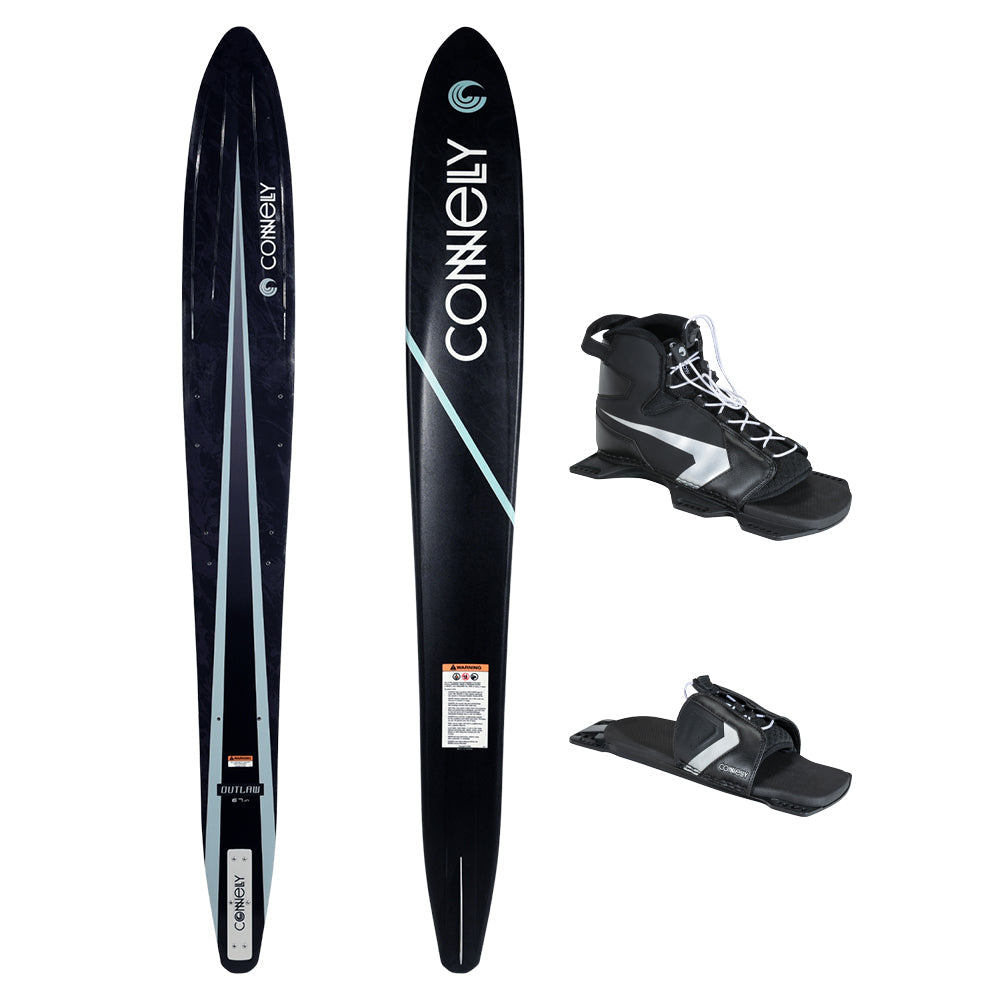 Top and bottom view of Outlaw ski in black with one Shadow front boot and matching rear toe plate.