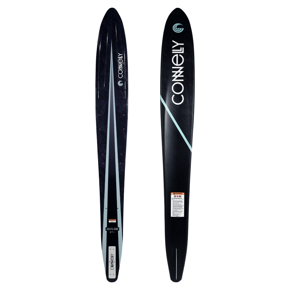 Top and base view of Outlaw water ski in black with light blue stripe design.