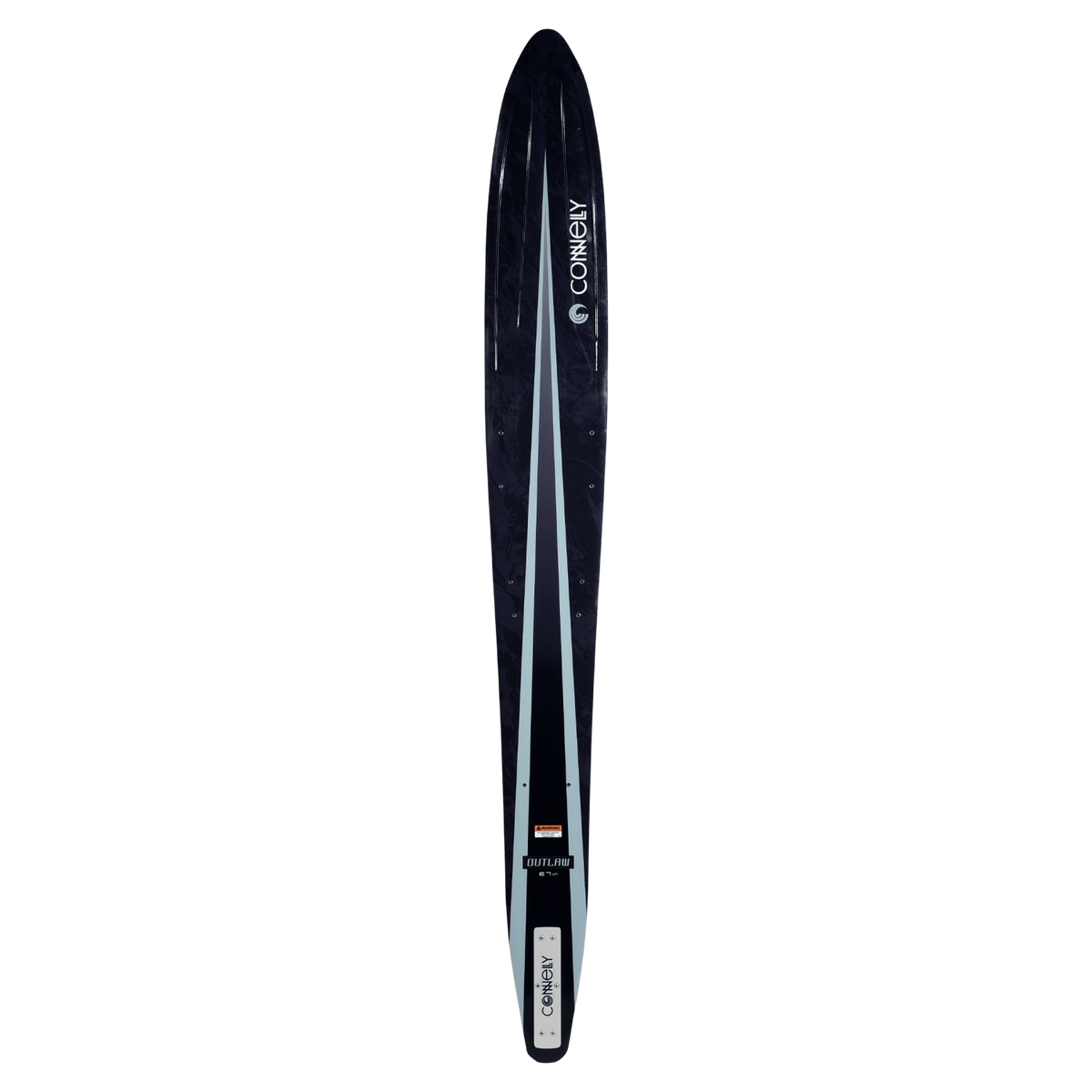 Top view of Outlaw water ski with black finish and light blue center stripe design.
