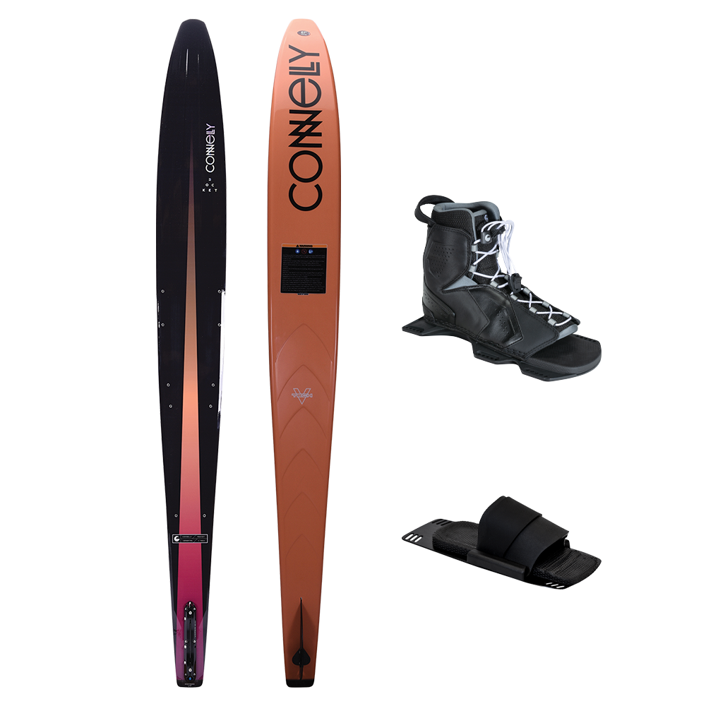 Top and bottom view of Rocket ski in red and black with Tempest front boot and Pivot rear toe plate.