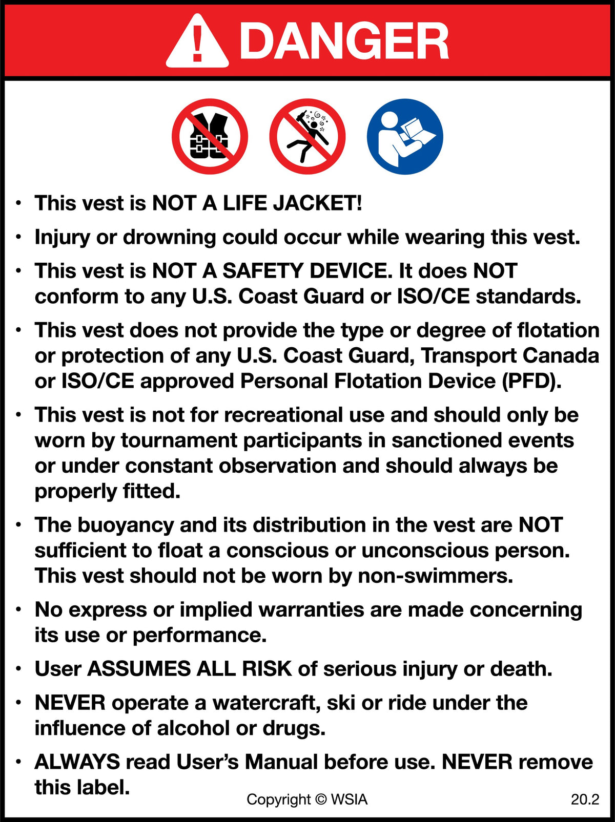 Safety warning stating that the vest is not a life jacket or safety device and does not meet U.S. Coast Guard standards.