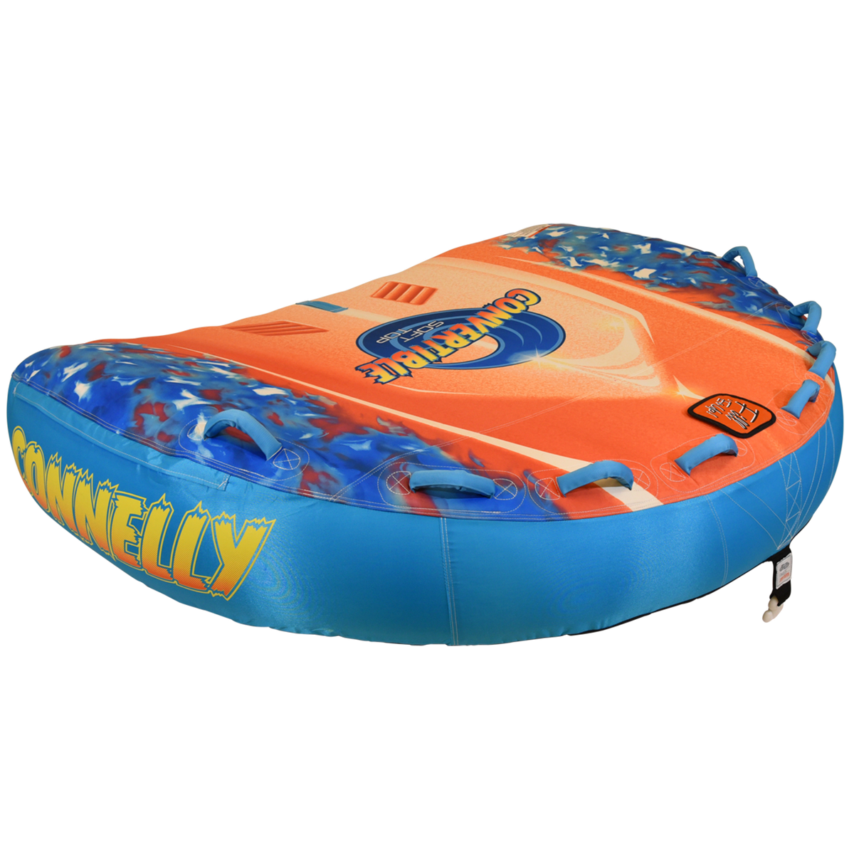 Angled view of Convertible Soft Top showing blue side handles and orange deck surface.