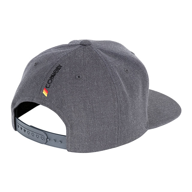 Corporate Hat in gray with an adjustable snapback closure and embroidered logo detail near the back opening.