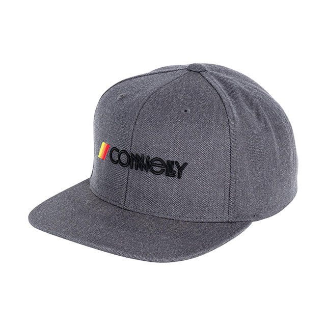 Corporate Hat in gray with a structured crown and flat brim, an embroidered logo with red, yellow, and black accents.