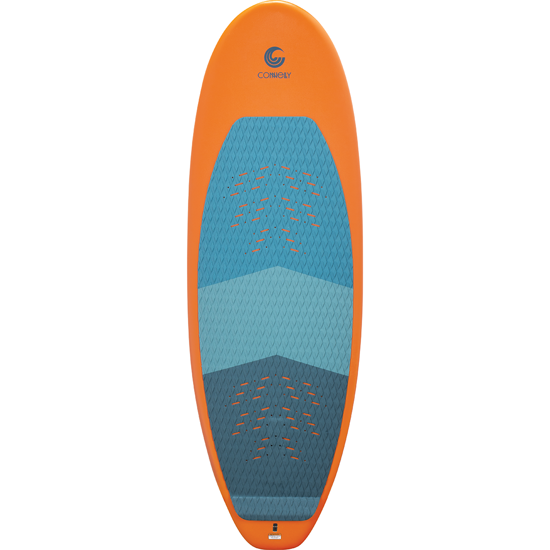 Top view of the Cloud 9 wakesurfer with an orange outline, blue traction pad, and a wide, stable shape.