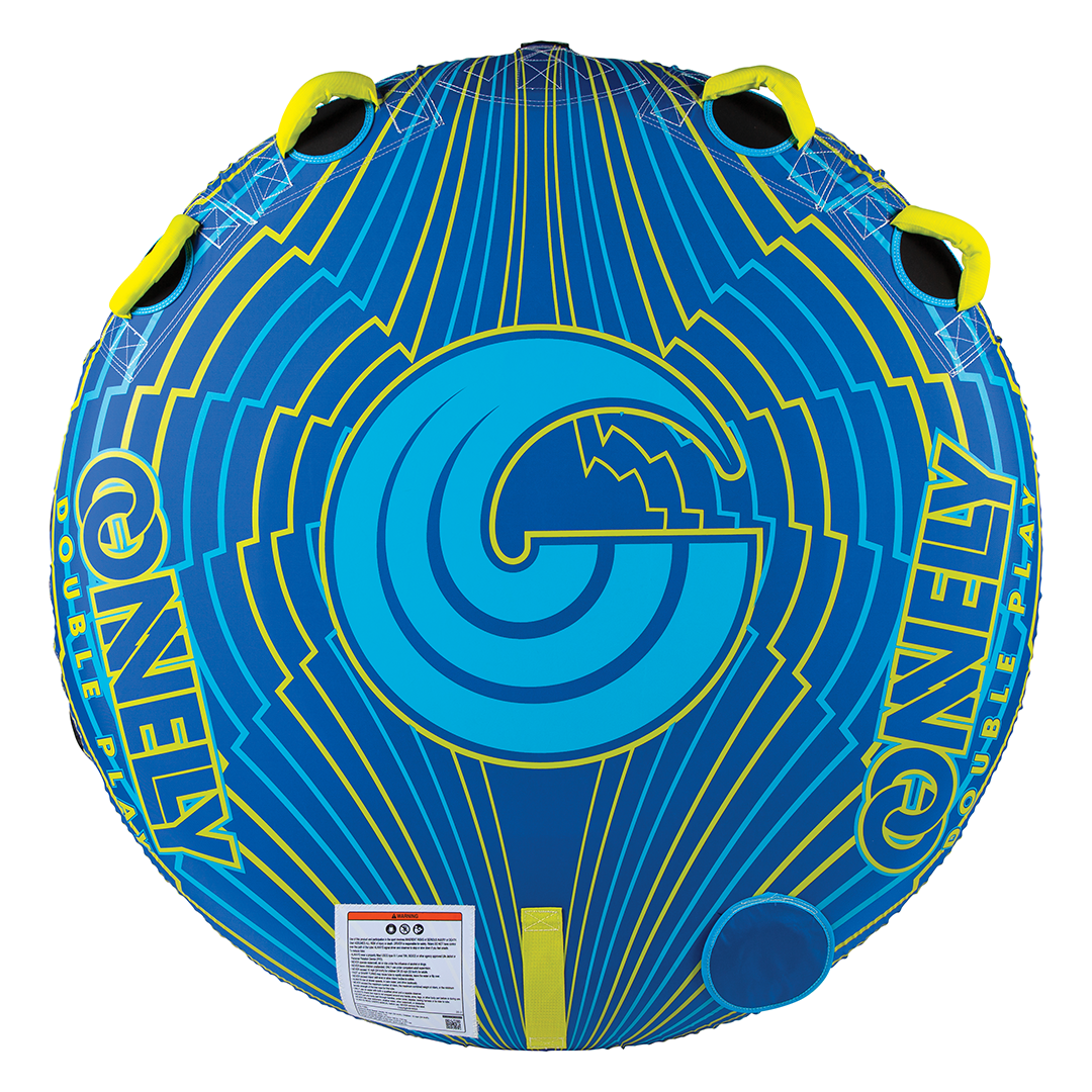 Top view of the Double Play towable tube, a round blue and yellow inflatable with multiple handles and geometric graphics.