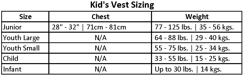 Boys Child Indy - CGA Vest size chart with chest and weight measurements.