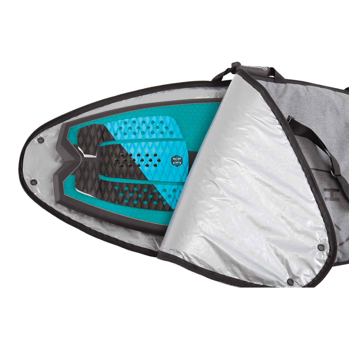 Wakesurf Bag with blue/black grip pad and silver, heavy-duty nylon travel case.