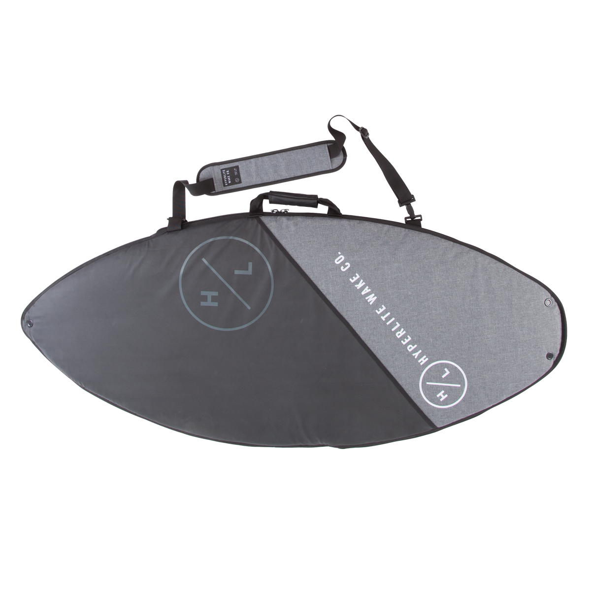Wakesurf Bag: Heavy-duty nylon surfboard bag, gray/black with strap and logo.