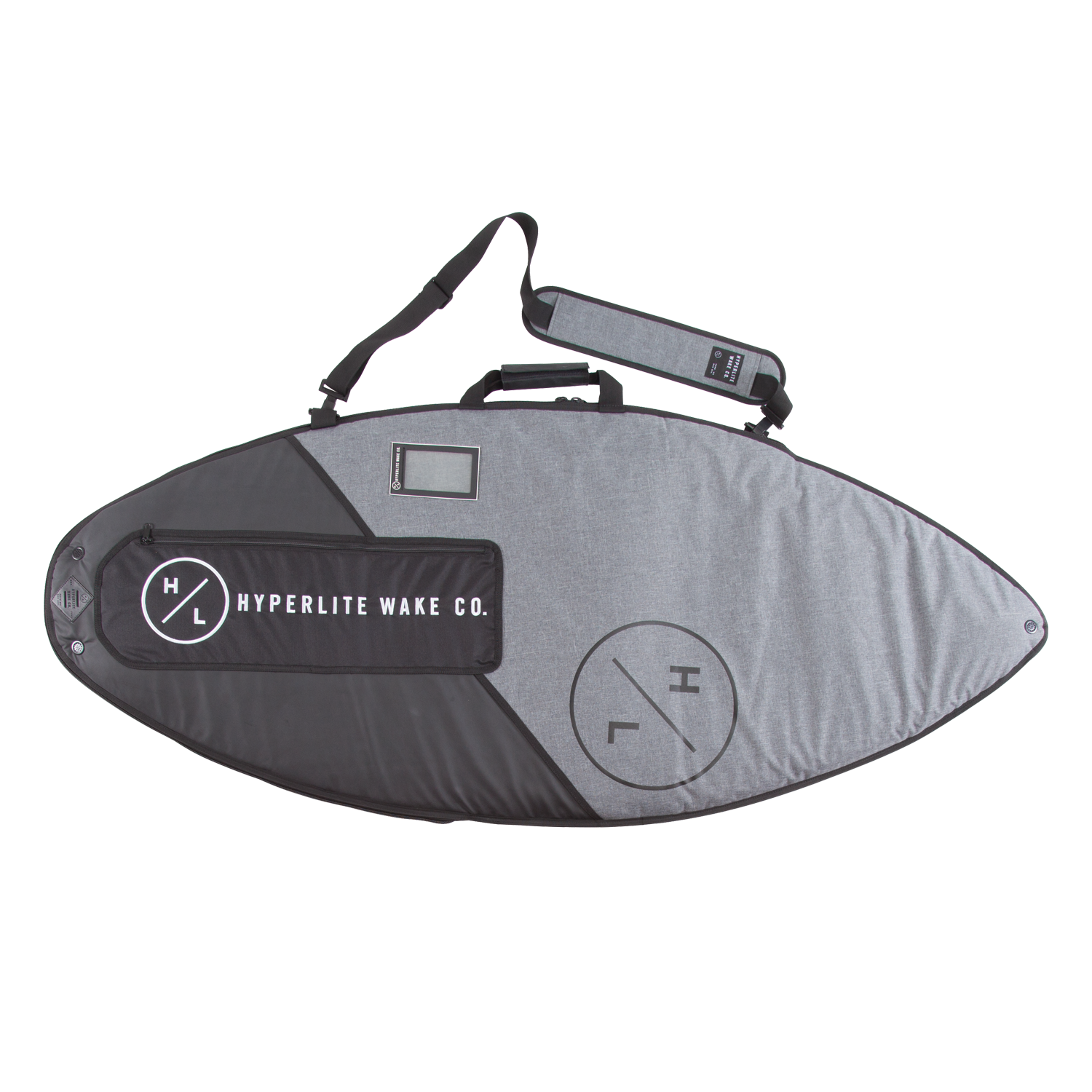 Gray Wakesurf Bag with black accents and shoulder strap for heavy-duty use.