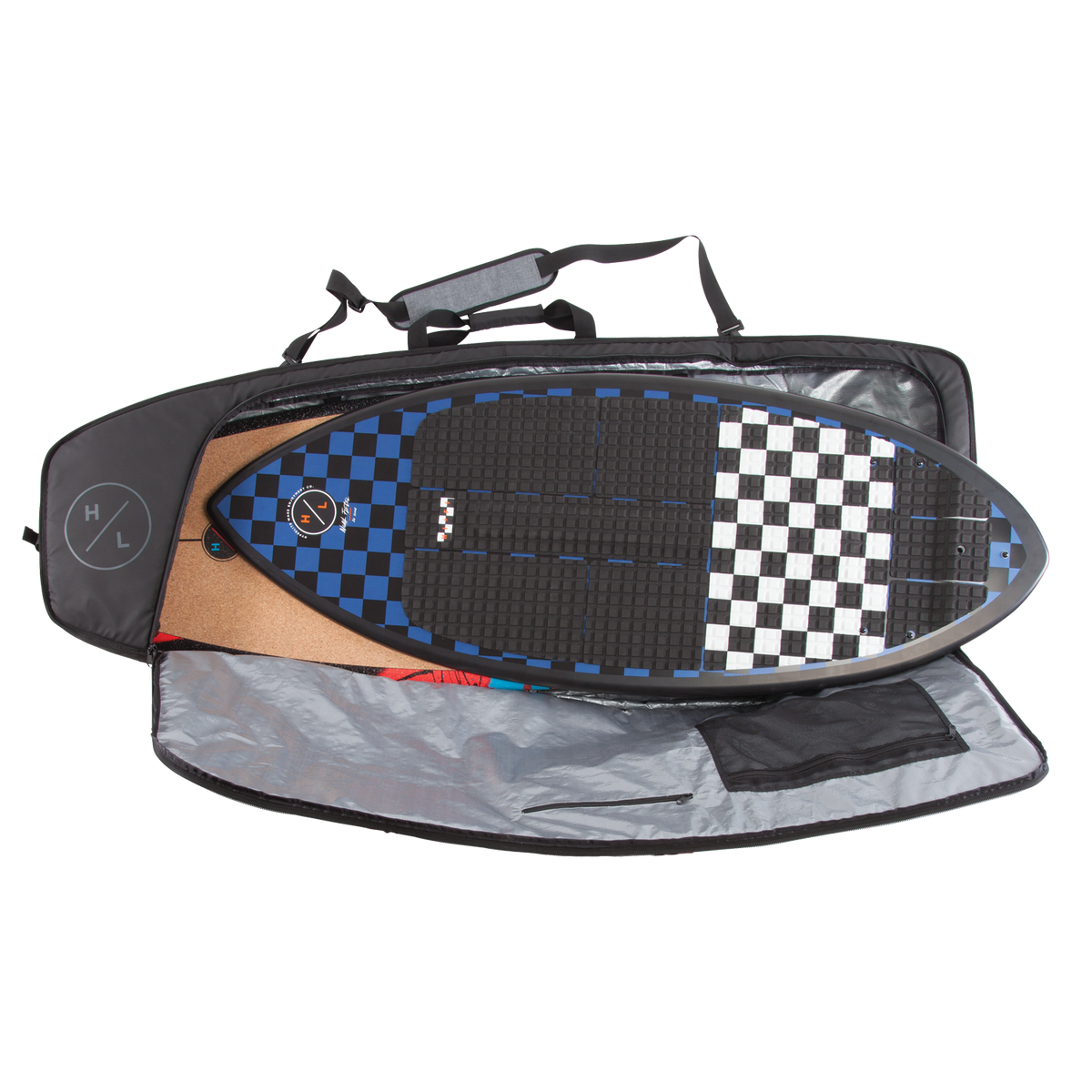 Blue and black wakesurf board in a partially open Wakesurf Travel Bag.