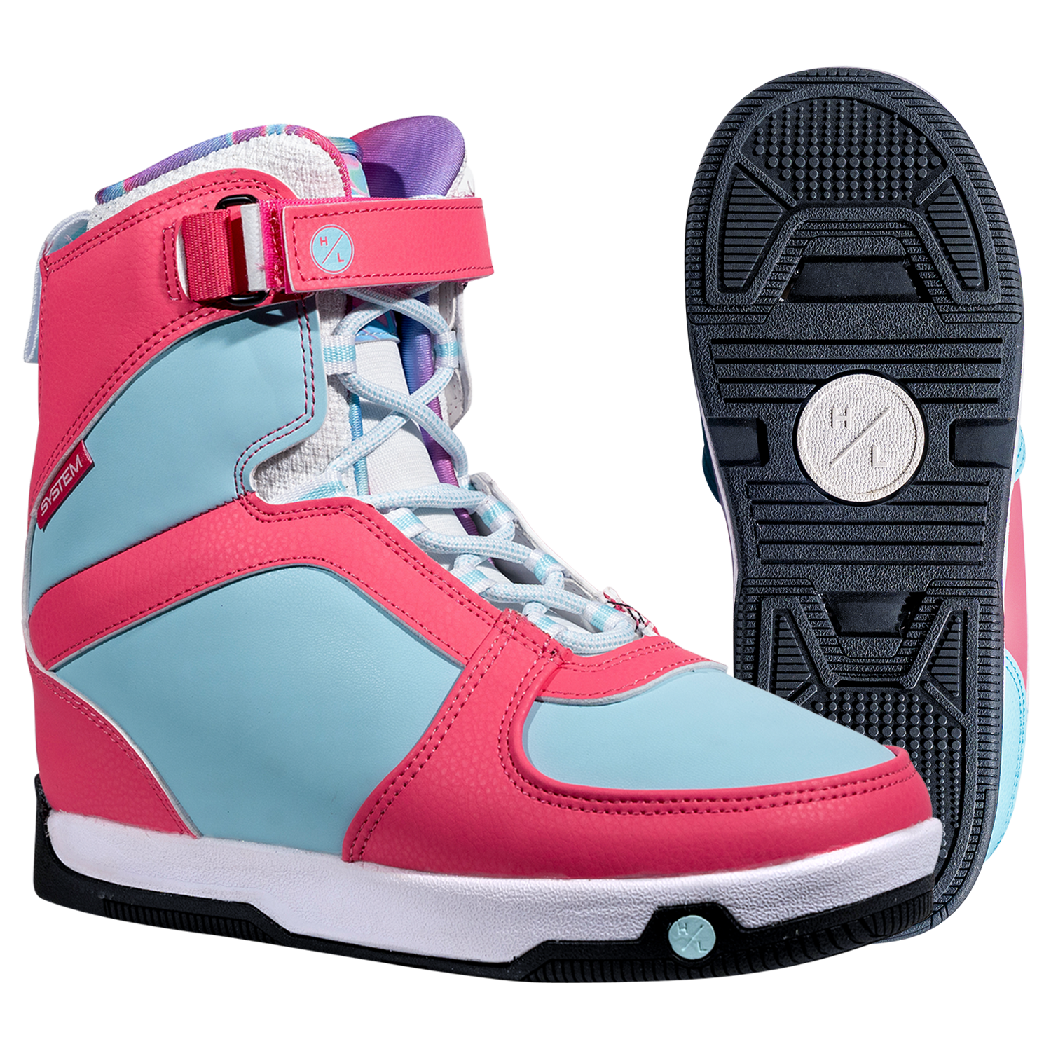 Aries Boot: Colorful high-top with pink, blue & purple details; rubber traction sole.