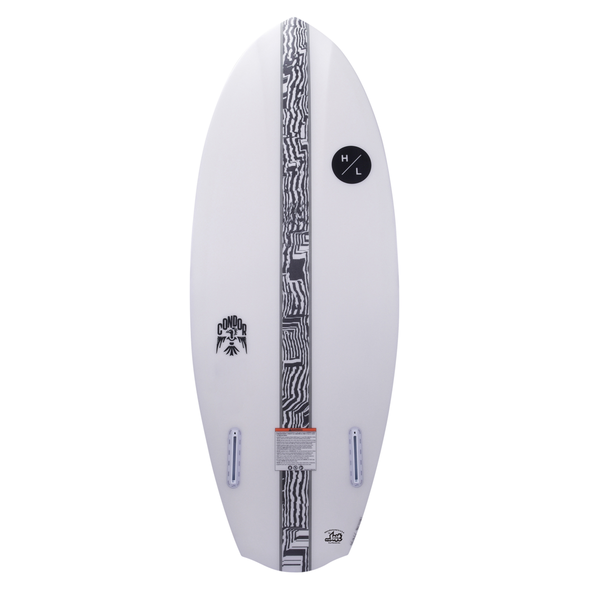 White Condor wakeboard with abstract black pattern and Lost Surfboards logos.