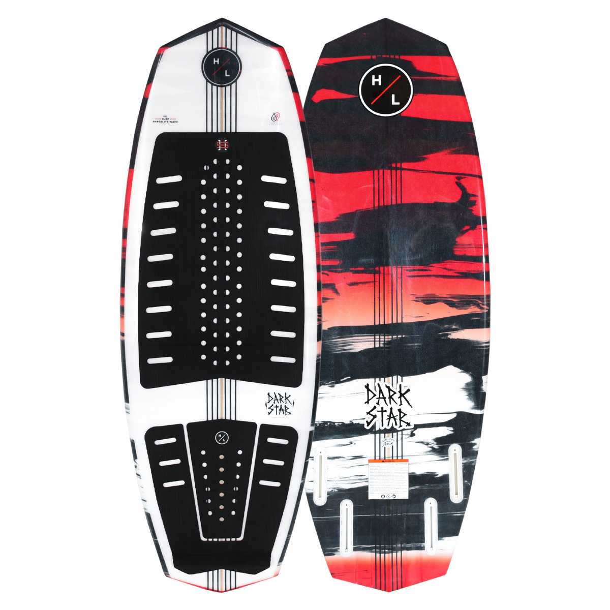 Top and base of handmade Darkstar wakeboard with red, black, and white abstract designs.