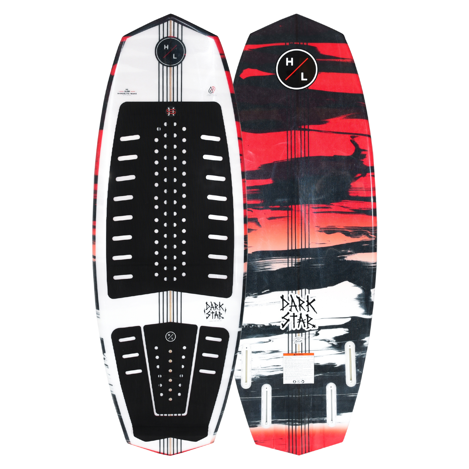 Top and base of handmade Darkstar wakeboard with red, black, and white abstract designs.