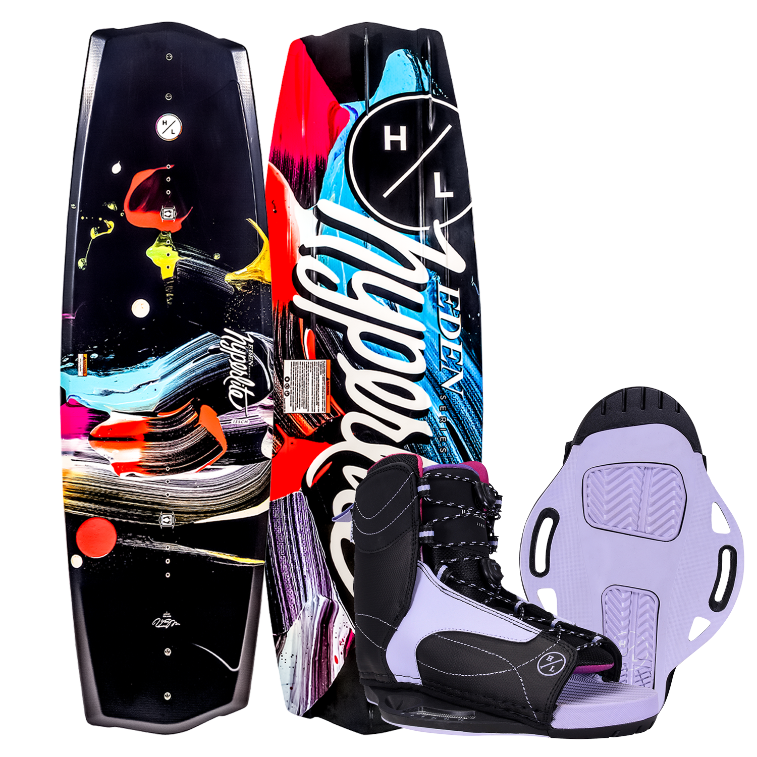 Eden 2.0 w/Jinx Bindings set features abstract, asymmetrical design in black and purple.