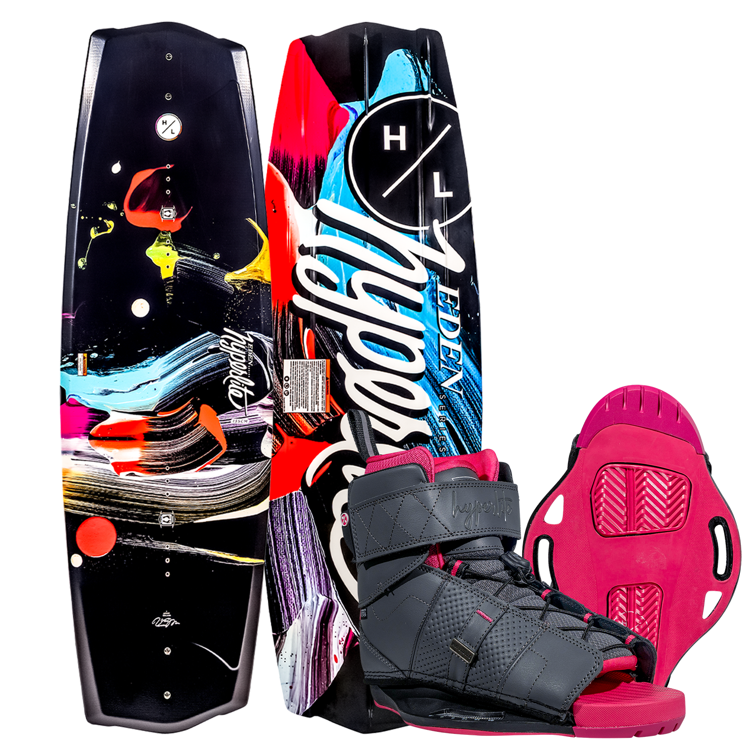 Eden 2.0 w/Viva Bindings: Colorful wakeboard with molded fins and gray boots in a vibrant setting.
