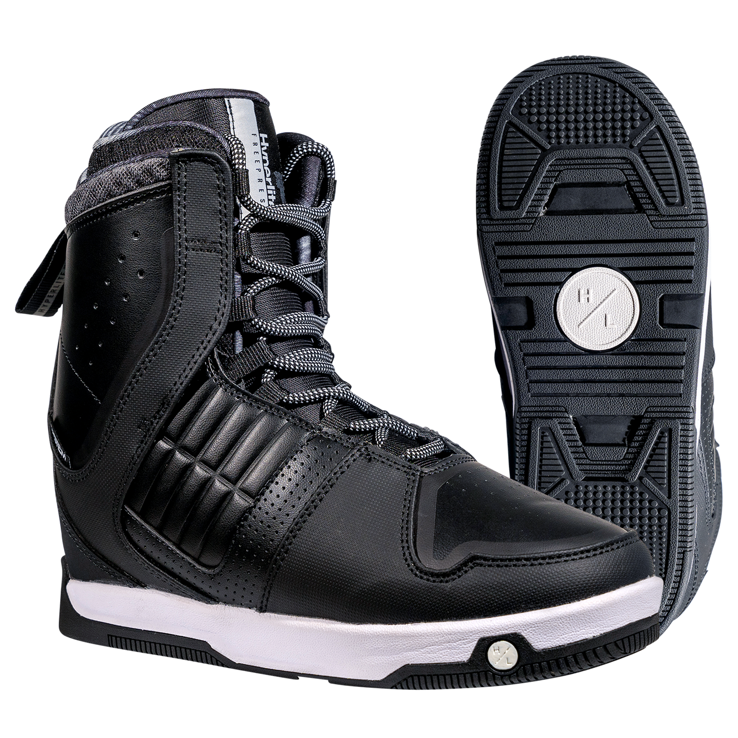 Freepress Boot: Black high-top with ankle harness, perforated details, and white sole.