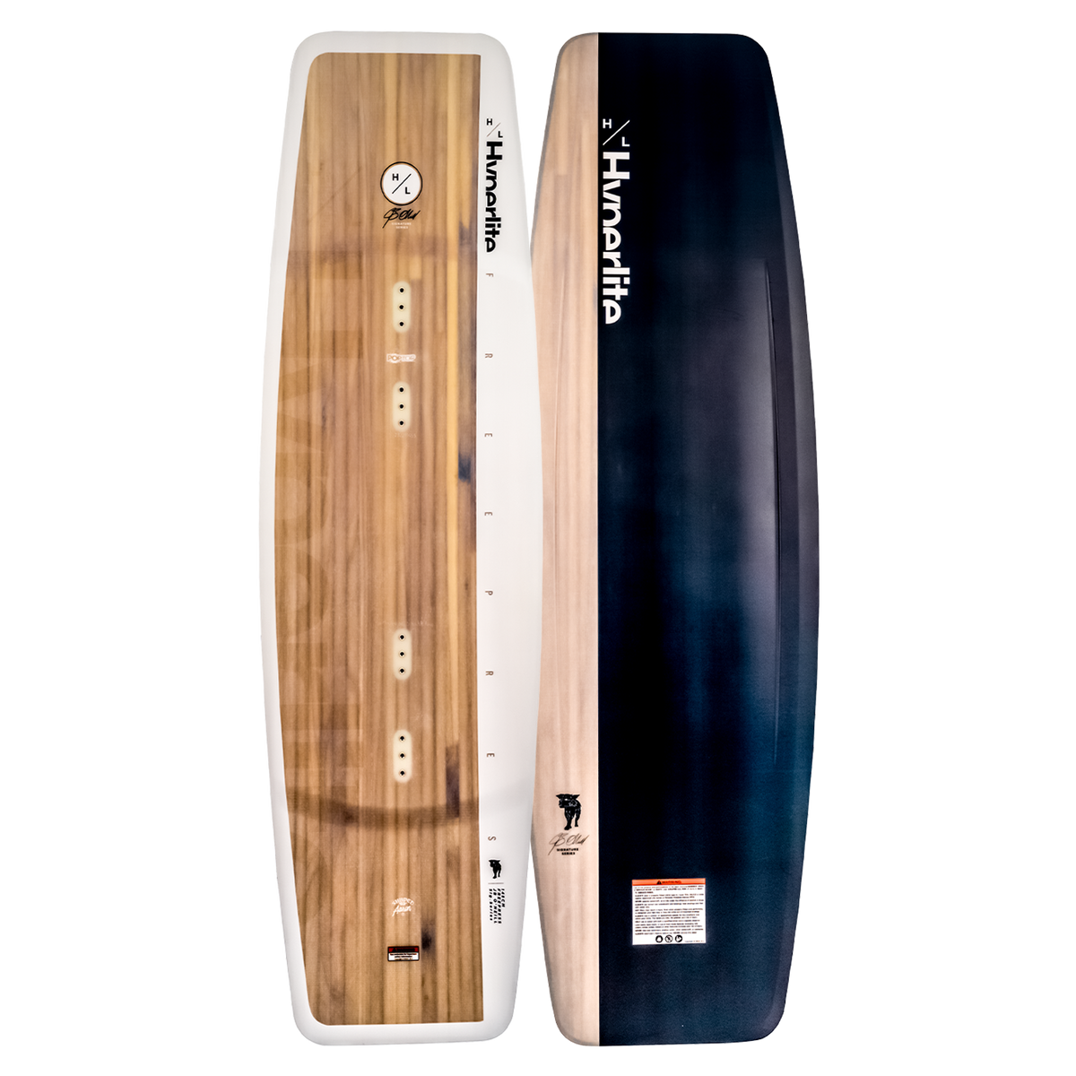 Freepress twin-tip wakeboard with a black and white logo and Blended 3-Stage Rocker.