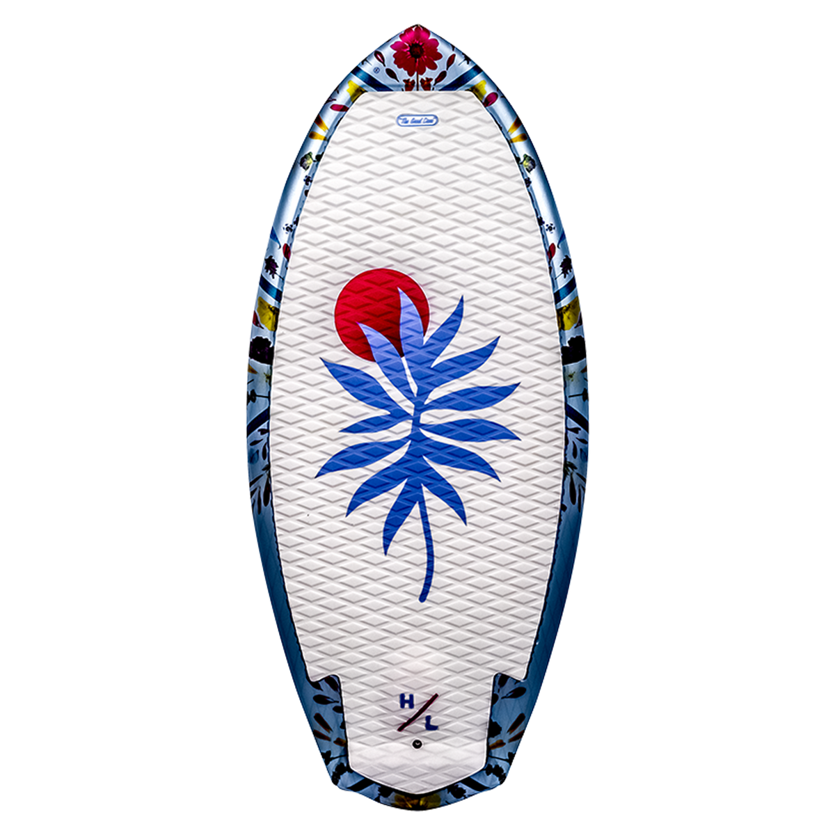 Good Daze JR. wakesurfer with blue leaf design and red sun on white textured surface.