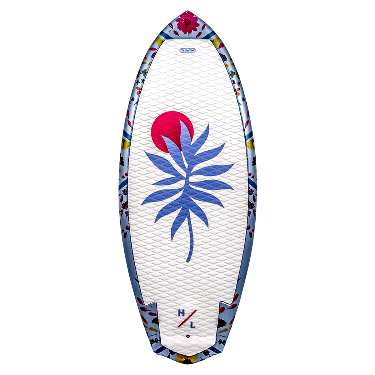 Good Daze wakeboard: blue leaf design with red sun, ideal for wakesurf enthusiasts.
