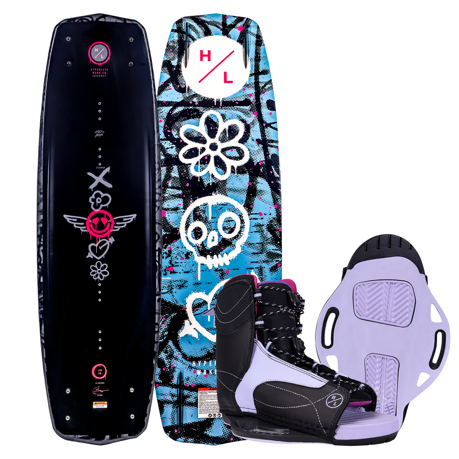 Journey w/Jinx Bindings, black with flowers and skulls, purple boots.
