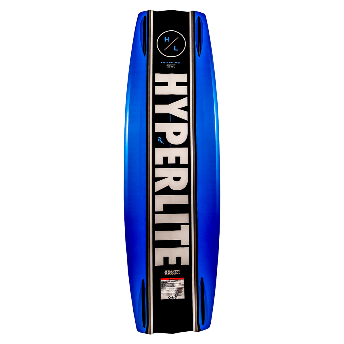 The Kruzr wakeboard: blue with HYPERLITE logo, black accents, and Boneline Grab Rail.