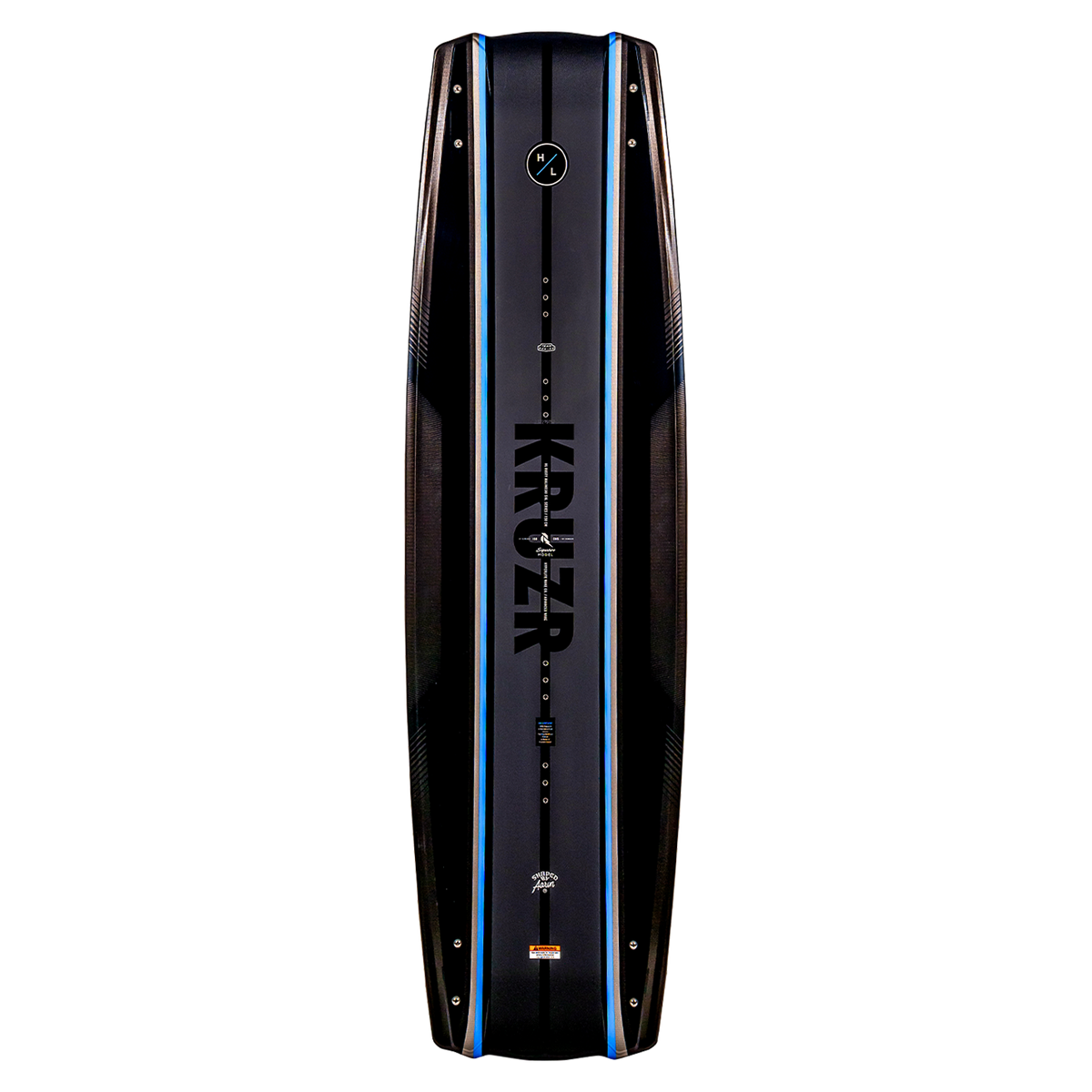 Black and blue wakeboard deck with Kruzr on it.