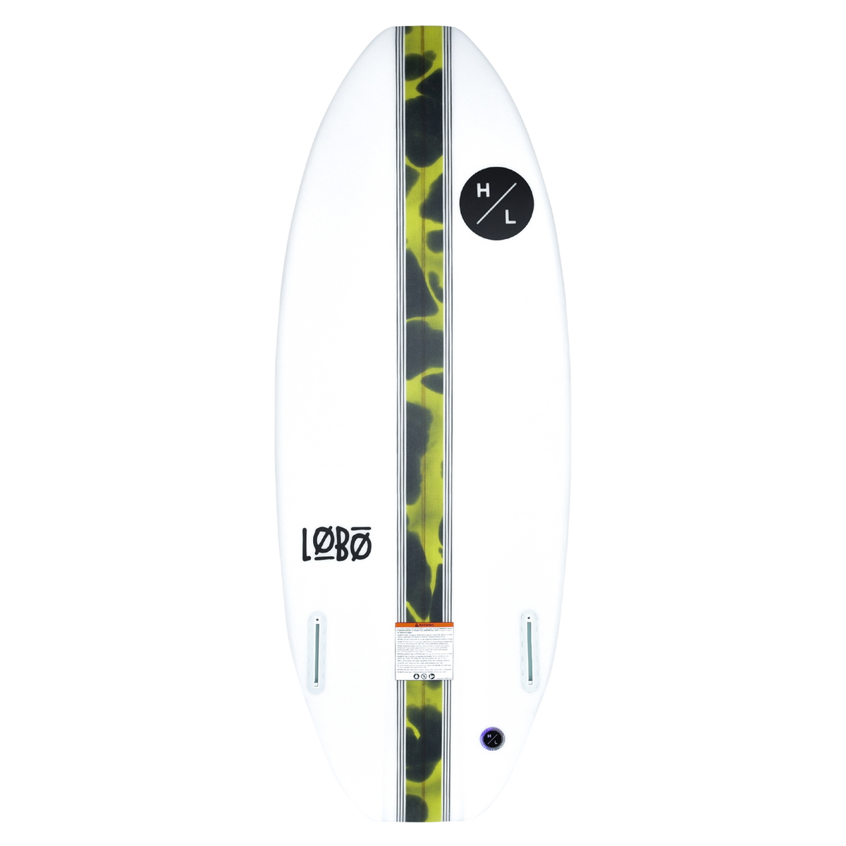 Lobo wakeboard: white, yellow/green camo stripe, logo, black circle mark.