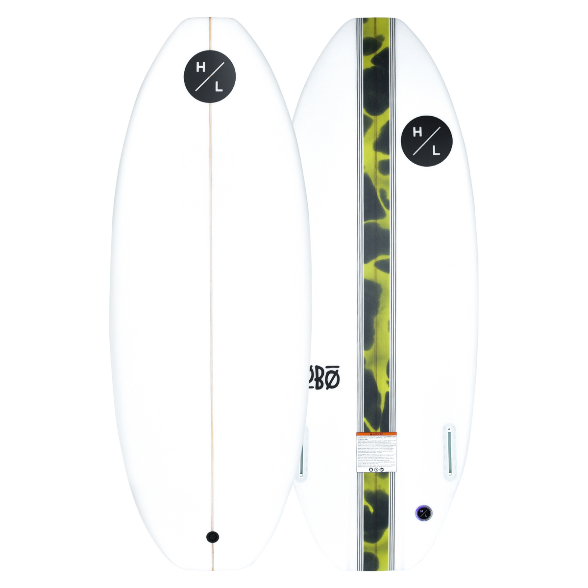 Top and base of Lobo white wakeboard with a green camo stripe, featuring a twin fin design.