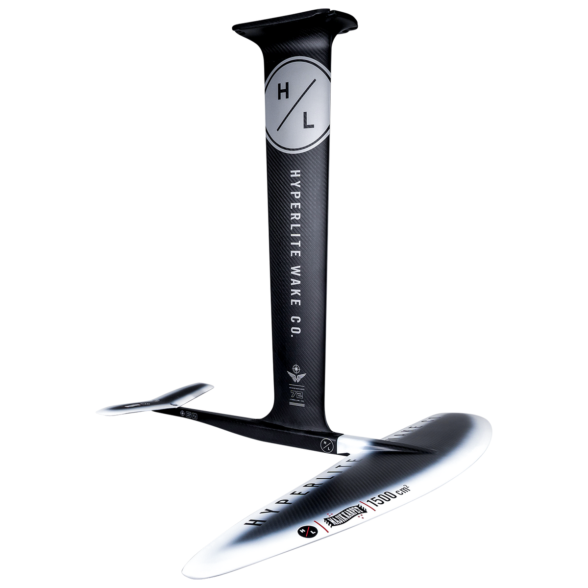 MK Foil Kit Carbon: Sleek black carbon hydrofoil for wakeboard with curved silver foil.