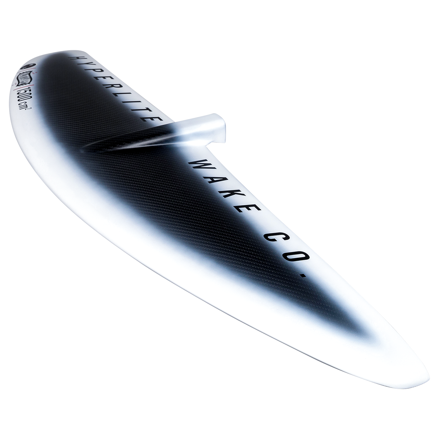 Side view of MK 1500 Front Wing in black/white, text Hyperlite Wake Co. Carbon construction.