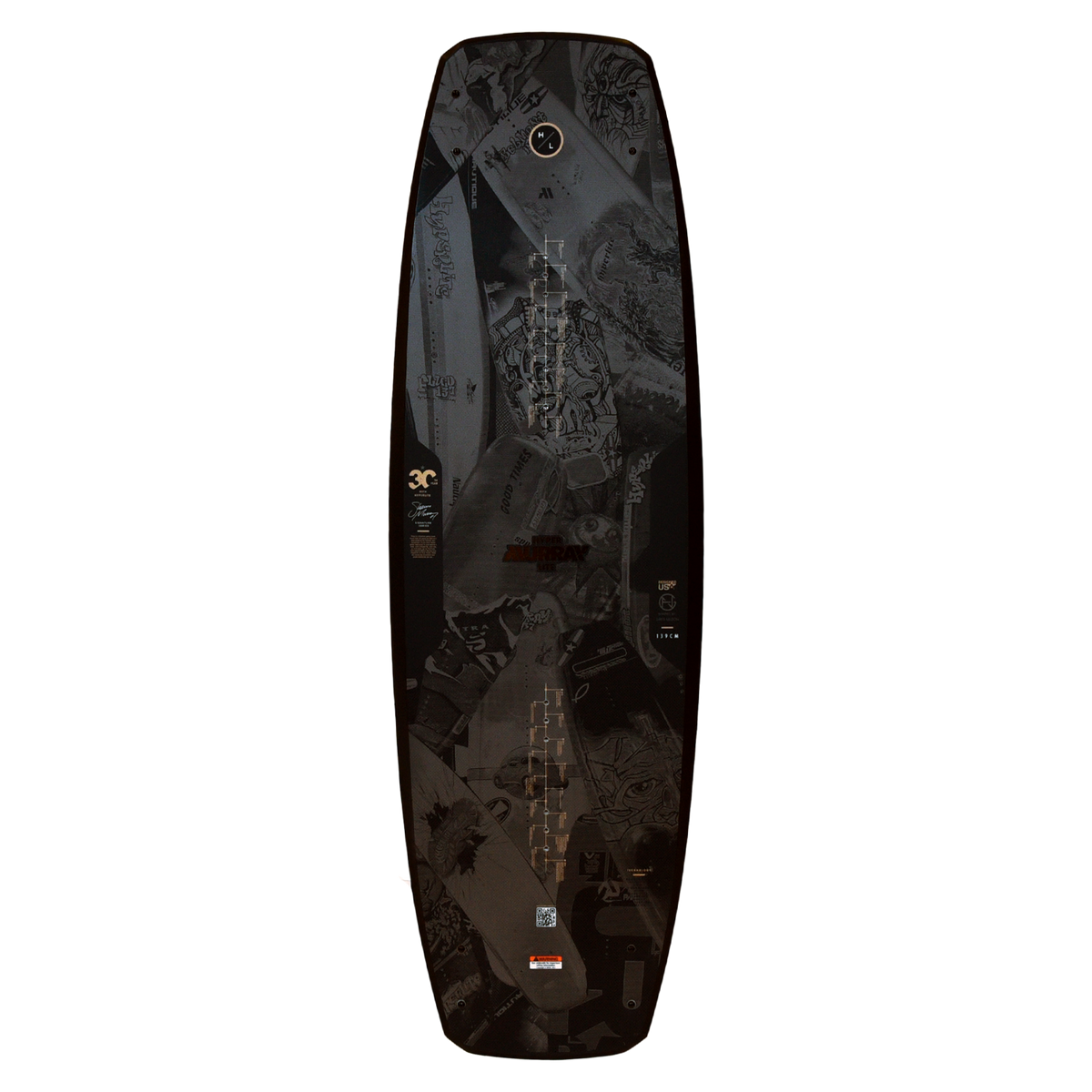 Top view of Murray Pro Loaded board featuring dark graphic collage and subtle timeline details.