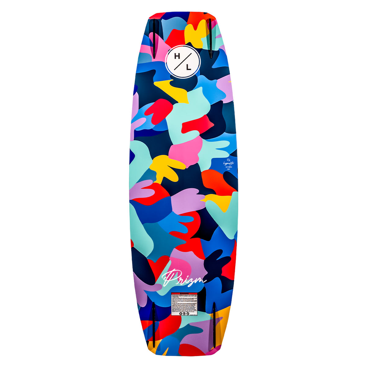 Prizm wakeboard with abstract multicolored hand patterns and logo at the top.