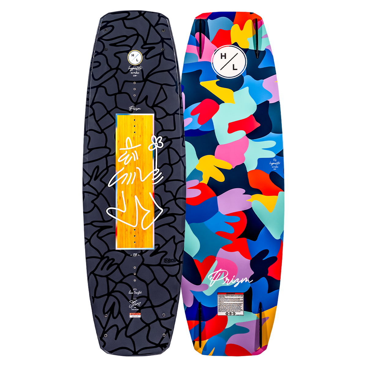 Top and base of abstract-design Prizm wakeboard with logos.