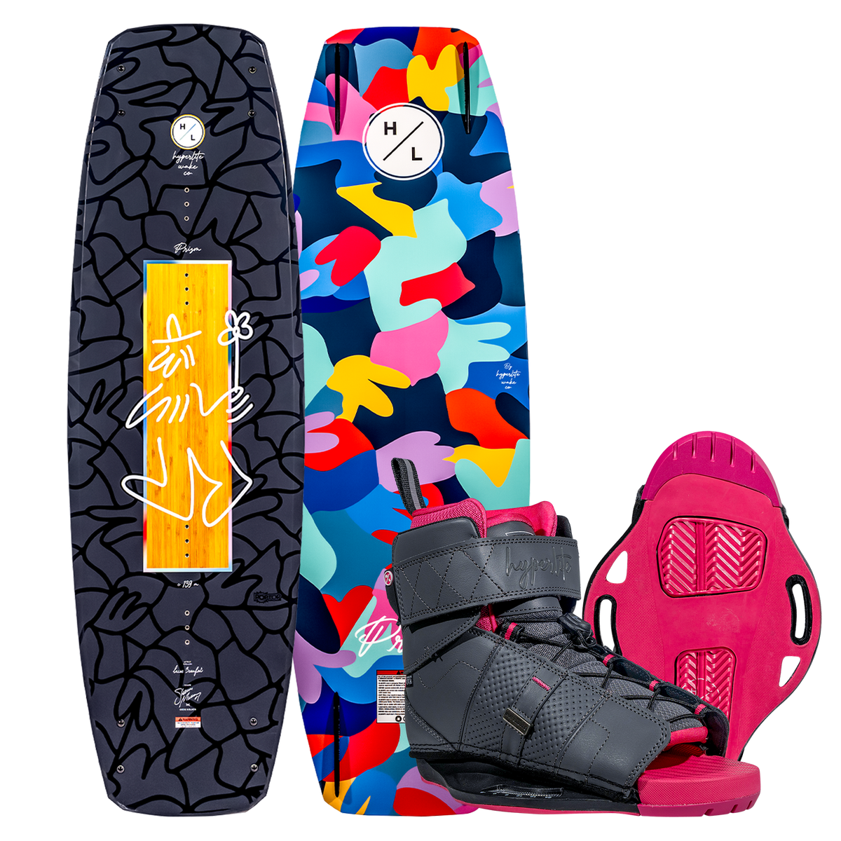 Prizm w/Viva Binding: Vivid wakeboard with subtle 3-stage rocker and gray strap boots.
