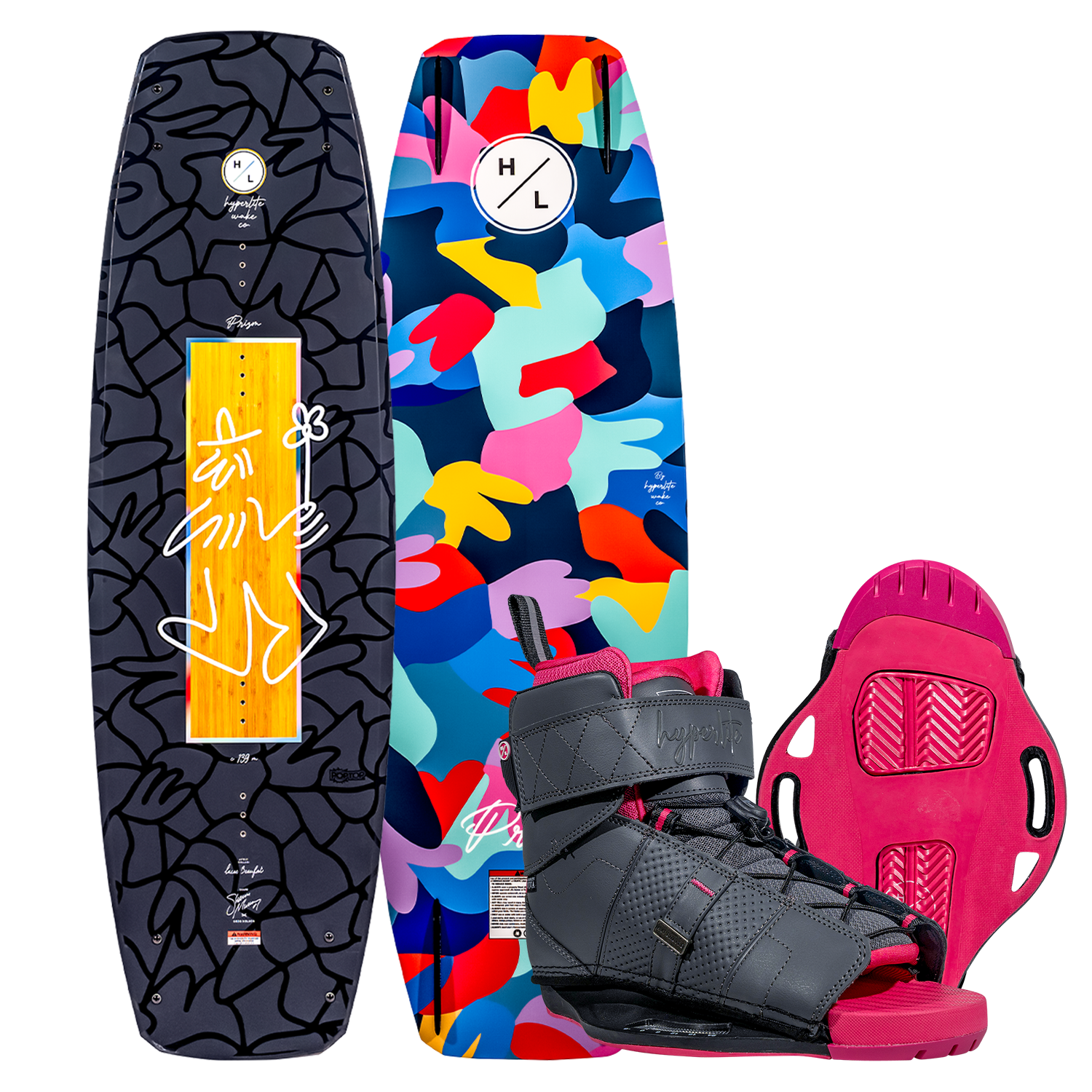Prizm w/Viva Binding: Vivid wakeboard with subtle 3-stage rocker and gray strap boots.