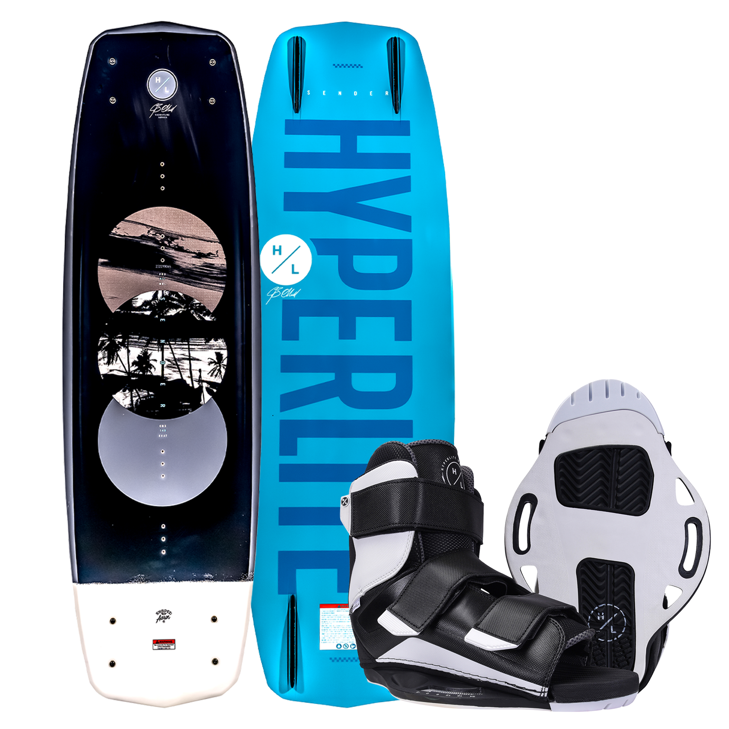 Hyperlite Sender wakeboard w/Formula Bindings, blue & black with palm tree graphics.