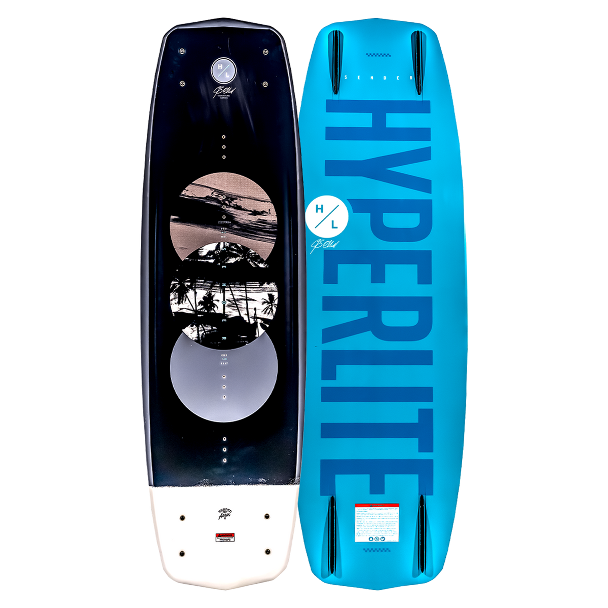Top and base of Sender wakeboard: beach design and blue HYPERLITE, with a 3-Stage Rocker.