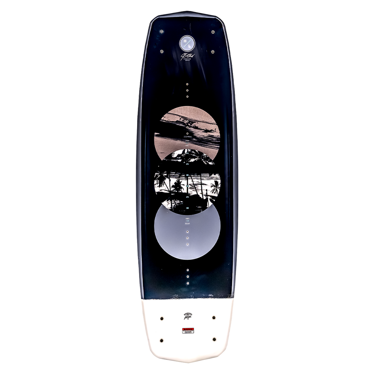 Sender wakeboard with circular graphics, palm trees, and a sleek dual concave base.