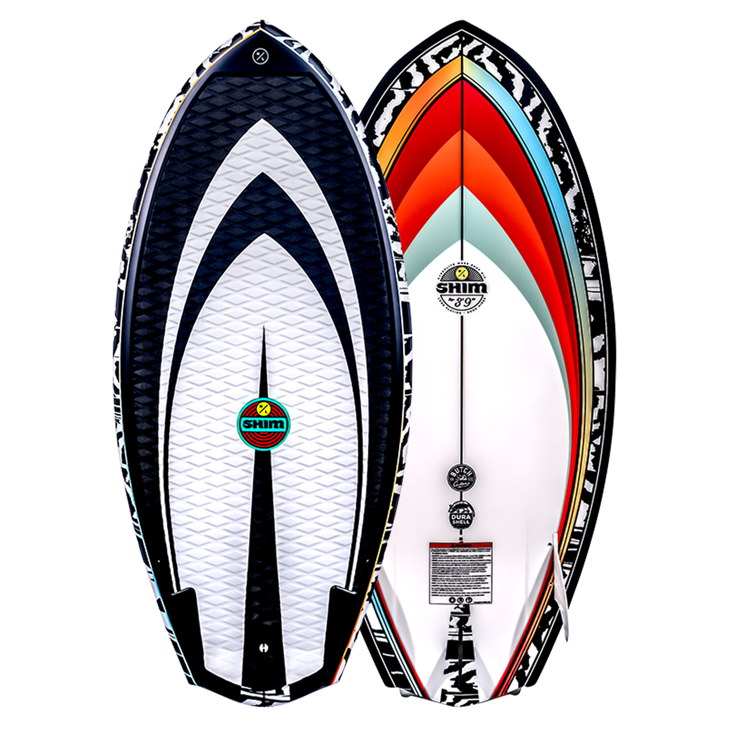 Top and base of Shim Jr. wakeboard with colorful geometric patterns, featuring EPS Core design.