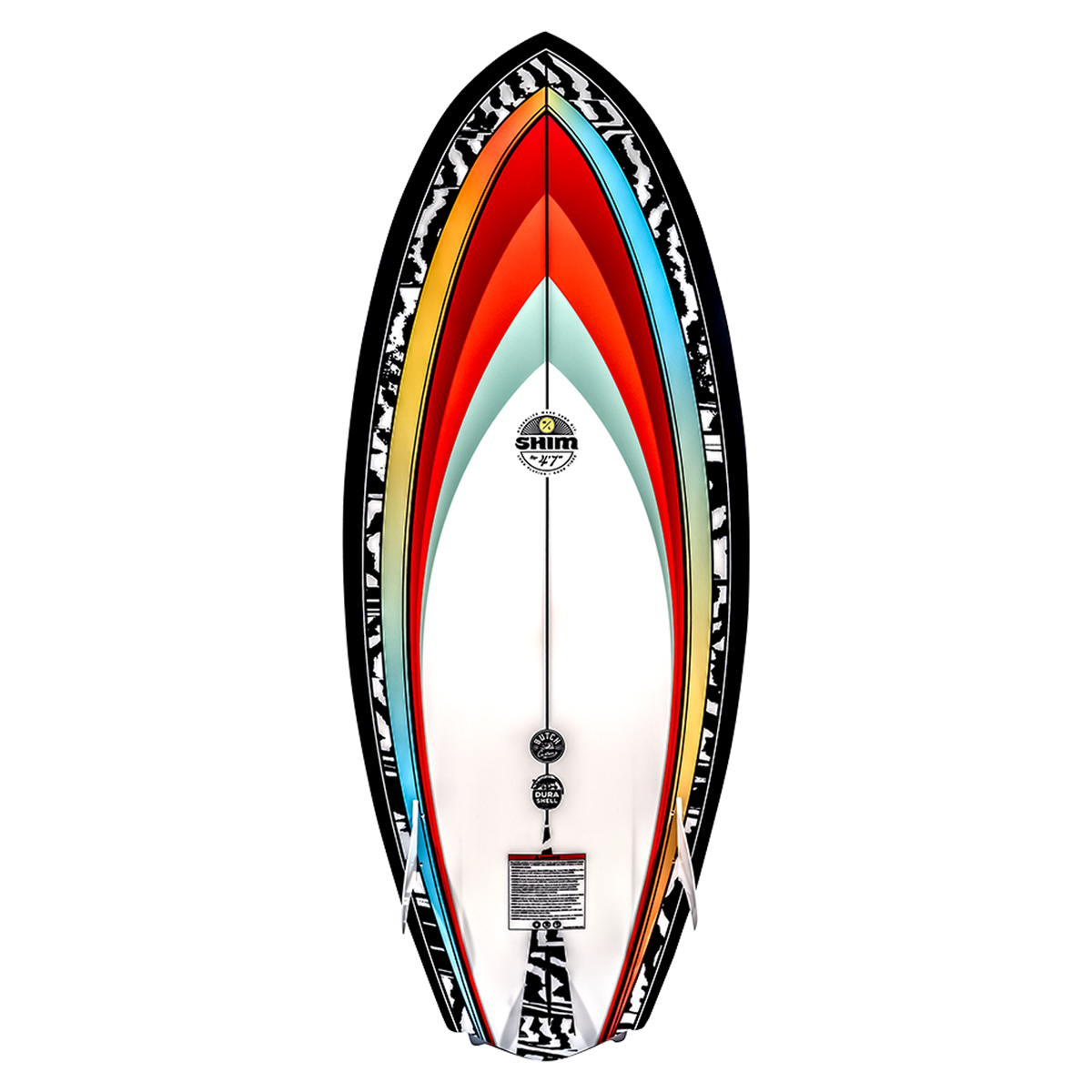 Shim wakeboard in multicolor with a bold crossover design and logo near the top.