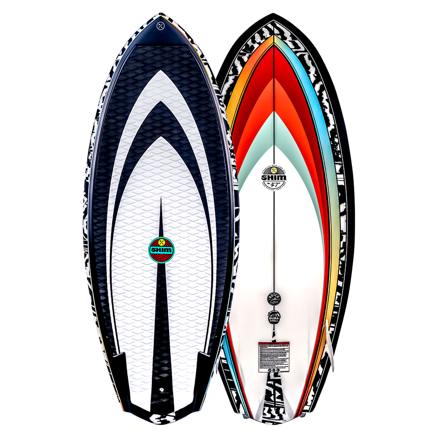 Top and base of colorful Shim wakeboard: one hexagonal, the other striped, with DuraShell.