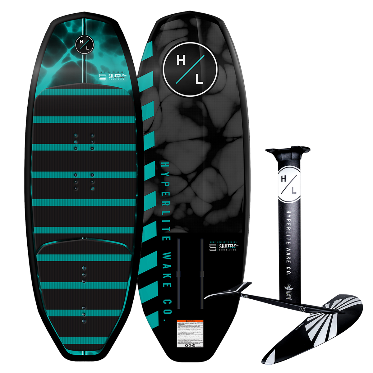 Top and base of Hyperlite Shuttle wakeboard include the Falcon Foil Kit with teal and black designs.