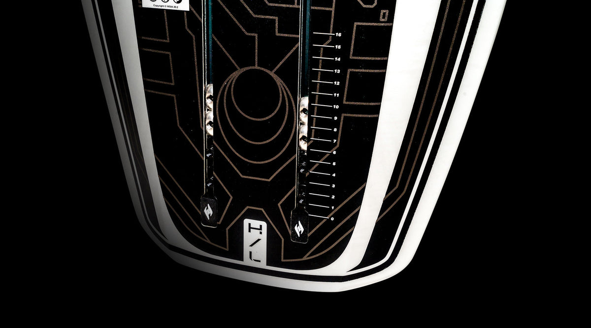 Close-up of Starship 3.4 black foil board with geometric patterns and H/L marking.