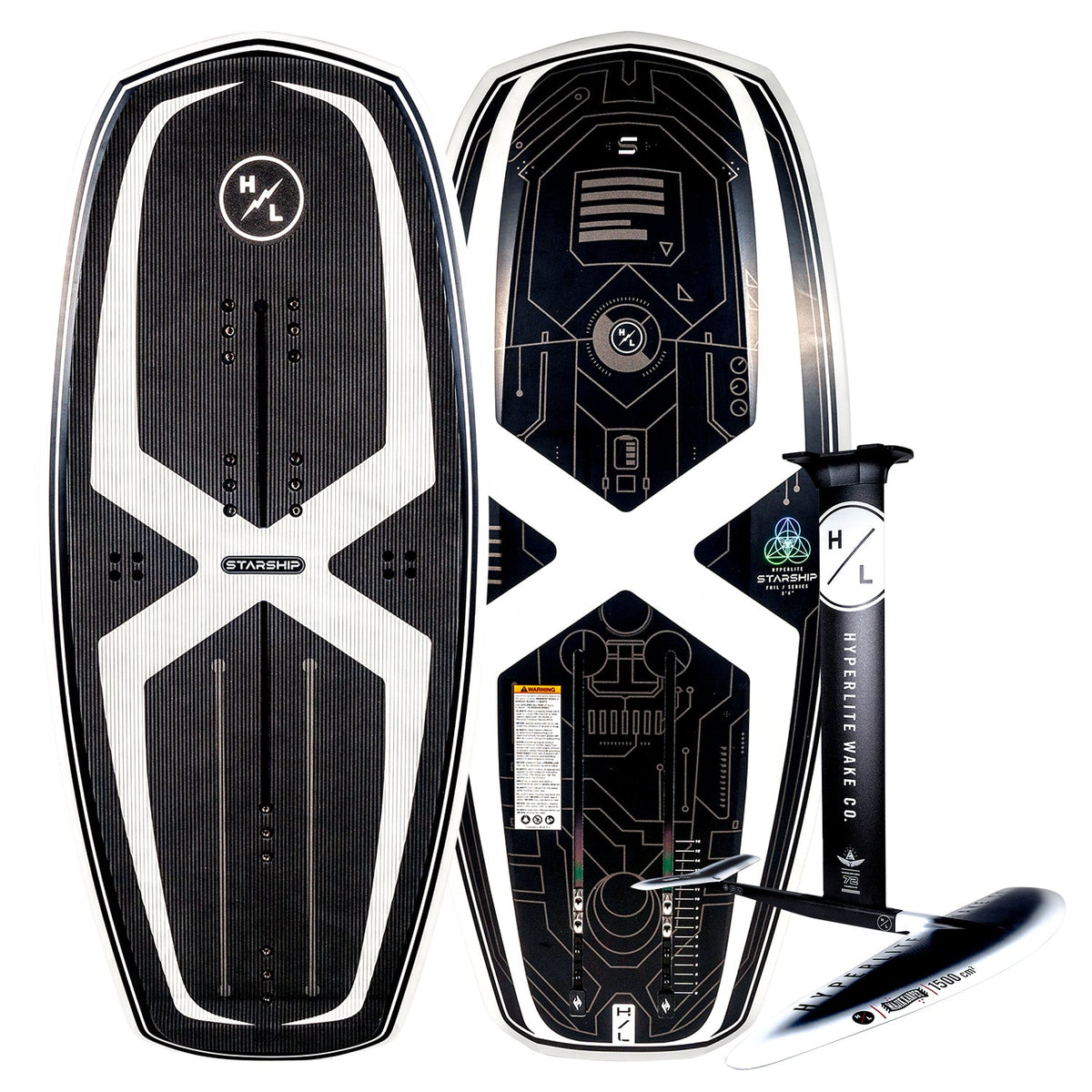 Top and base of Starship wakeboard, black with foil mount, futuristic designs, and Durashell Construction.