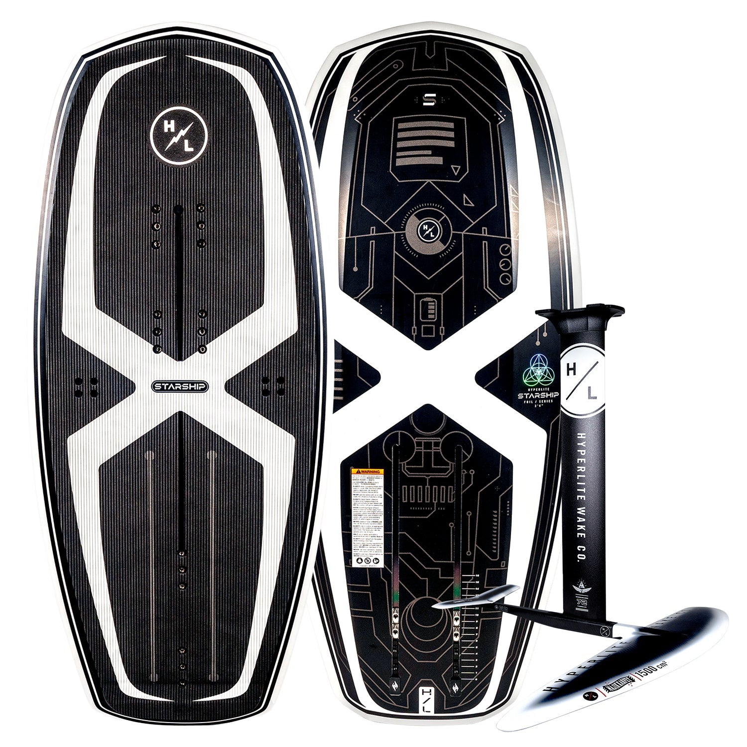 Top and base of Starship wakeboard, black with foil mount, futuristic designs, and Durashell Construction.