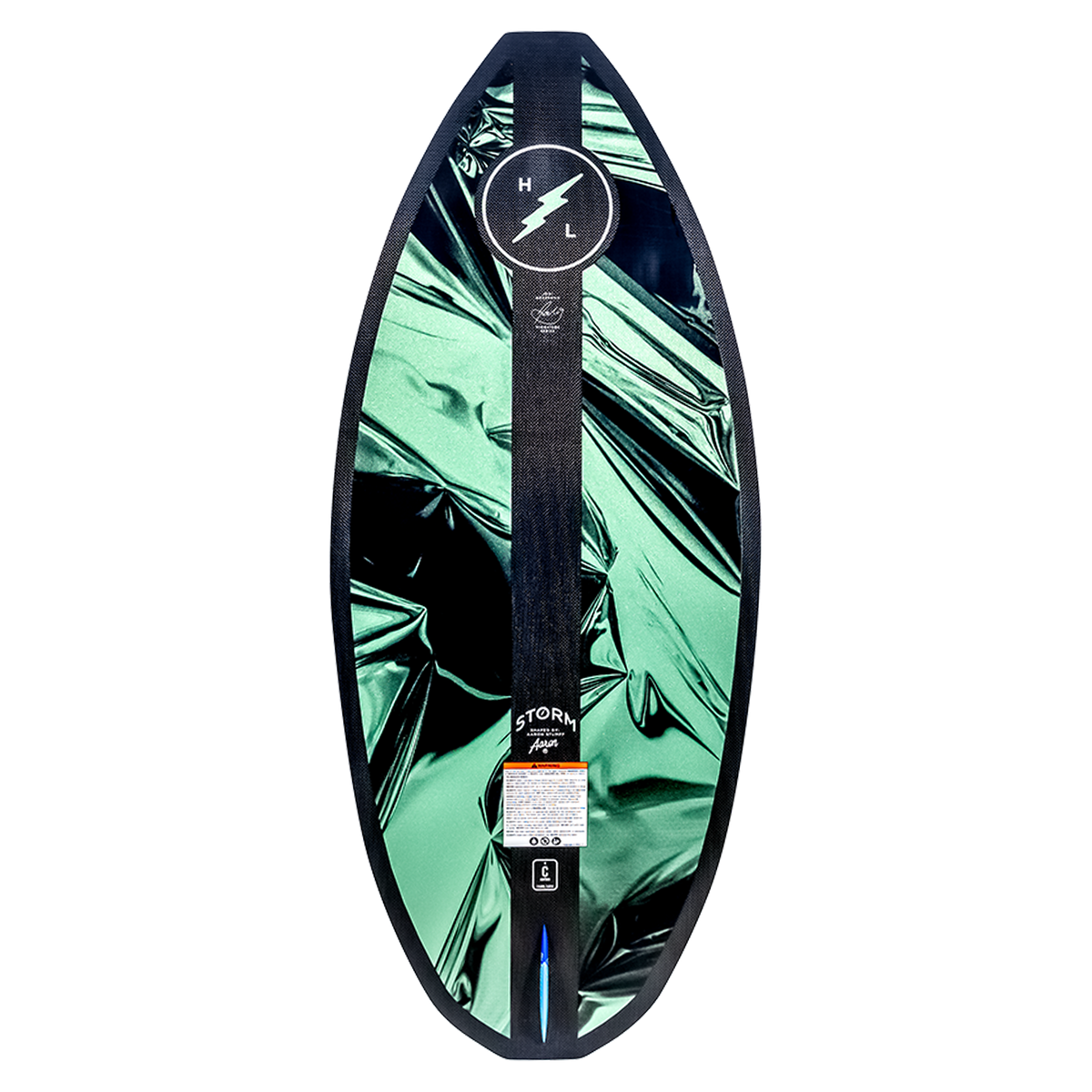 Storm wakeboard by Jodi Grassman, green/black lightning bolt design with logo.